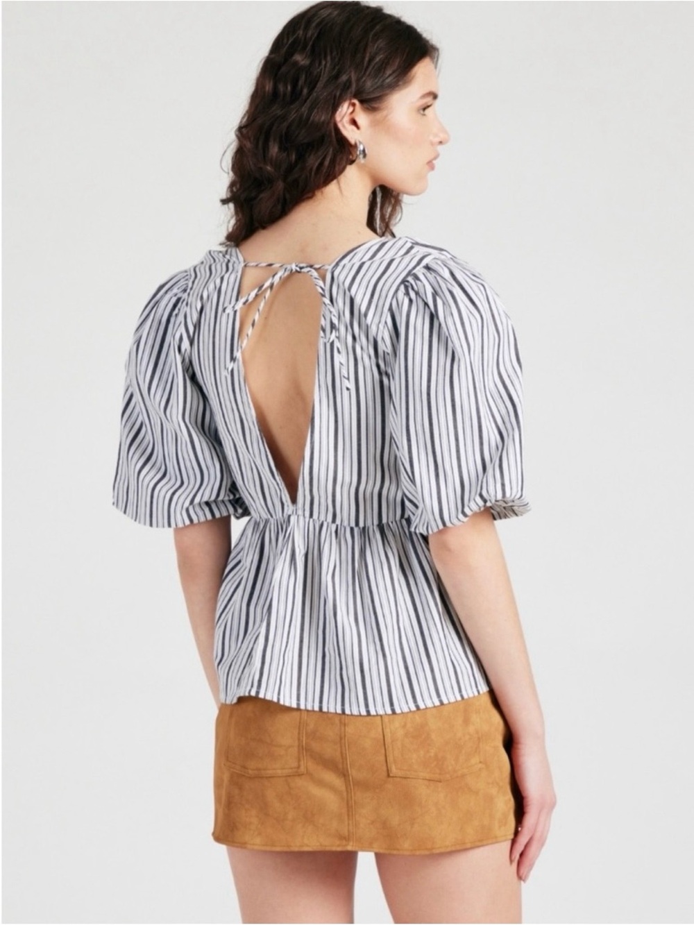 Topshop Black and White Striped Puff-Sleeve Tie-Back Blouse